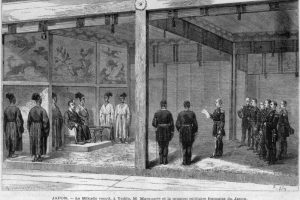 明治天皇による顧問団の歓迎式、1872年